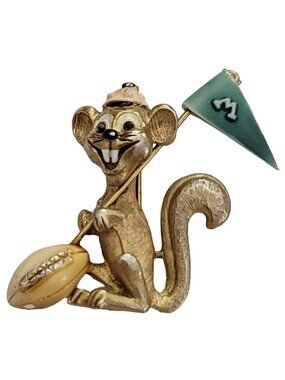 CFW Gold Tone Football Squirrel “M” Team Pin Brooch, Signed K95